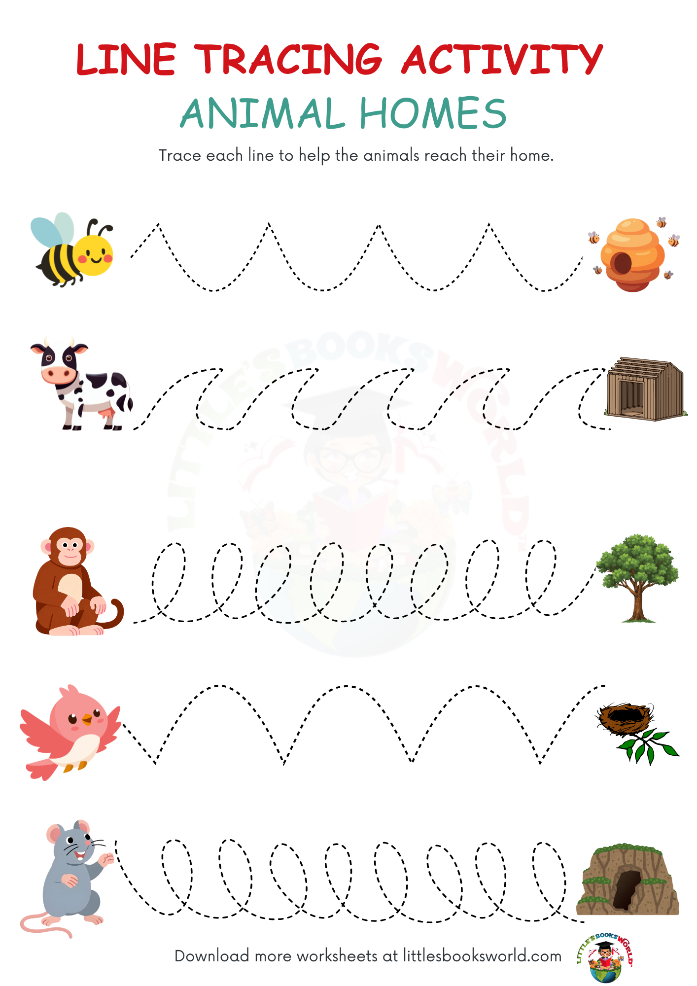 Line Tracing Activity- Animal Homes (Printables) - Little's Books World
